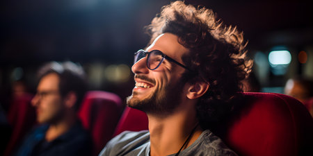 A tech-savvy student enjoys a cinema premiere with immersive entertainment. Concept Technology, Entertainment, Cinema Premiere, Student Life, Immersive Experienceの素材