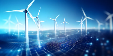 Managing a Wind Turbine Network with an Advanced Renewable Energy System and High-Tech Interface. Concept Renewable Energy Technologies, Wind Turbine Operations, Network Managementの素材