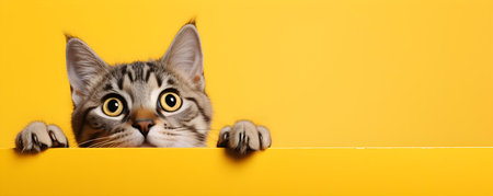Sweet cat looks up against bright yellow background in banner design. Concept Cat Photography, Colorful Background, Eye-catching Design, Banner Ideasの素材
