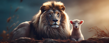 Contrasting energies unite as a lion peacefully stands with a lamb. Concept Unity, Contrasts, Peaceful, Lion, Lambの素材