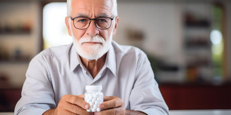 Elderly gentleman carefully holding his prescribed medication with a calm expression. Concept Aging Gracefully, Healthcare, Medication Management, Senior Lifestyle, Expressive Portraitsの素材