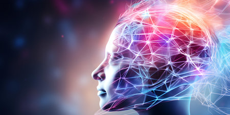 Closeup of a persons head with vibrant lines symbolizing brain connectivity and AI in the background. Concept Brain Connectivity, AI Technology, Close-up Portrait, Vibrant Linesの素材