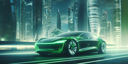 Promoting Sustainable Transportation: Green Electric Vehicle Blends into Futuristic Cityscape. Concept Green Technology, Sustainable Living, Eco-Friendly Mobility, Future Urban Developmentの素材