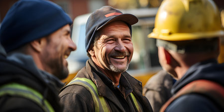 Construction workers from different backgrounds talk happily about business onsite. Concept Construction Site Diversity, Business Conversations, Onsite Interactions, Multicultural Workersの素材
