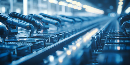 Hightech factory with automated robotic arms assembling electric car batteries. Concept Robotic Automation, Electric Car Batteries, High-tech Factory, Industrial Manufacturing, Automated Assemblyの素材