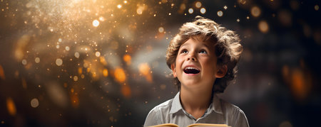 Captivating portrait of a joyful and charming teenage boy engulfed in a novel. Concept Teenager, Portrait, Reading, Joyful, Novelの素材