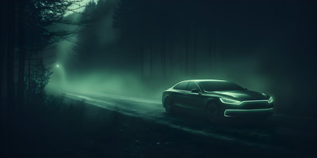 Mysterious car emits a luminous glow amidst a foggy forest at dusk. Concept Mysterious Car, Luminous Glow, Foggy Forest, Dusk Settingの素材