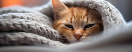 Unwell feline seeking comfort beneath a cozy blanket. Concept Sick Cat, Comforting Blanket, Pet Care, Feline Health, Cozy Restの素材
