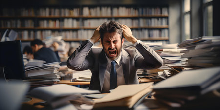 Navigating stress: A businessman's struggle in a modern office. Concept Work pressure, Stress management, Corporate burnout, Mental health awareness, Modern office challengesの素材
