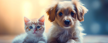 Veterinarian providing checkup and vaccinations for adorable puppy and kitten at clinic. Concept Veterinary Care, Pet Health, Checkup, Vaccinations, Puppy and Kittenの素材