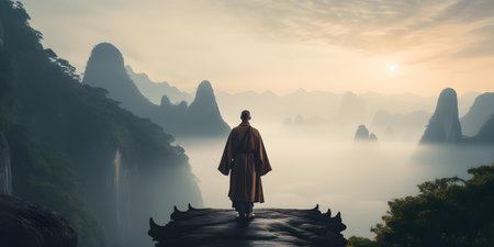 A lone monk seeking tranquility makes their way amidst majestic mountain vistas. Concept Adventure, Solitude, Tranquility, Nature, Explorationの素材