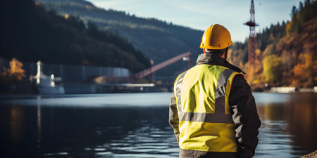 Hydroelectric dam employee conducting inspection at the dam. Concept Hydroelectric power, Dam inspection, Engineering, Renewable energy, Water infrastructureの素材