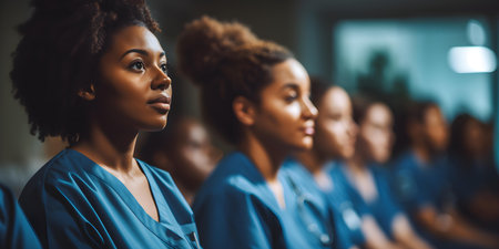 Joyful healthcare professionals learn together radiating positivity in a hospital classroom. Concept Healthcare Education, Positive Learning Environment, Hospital Training, Professional Developmentの素材