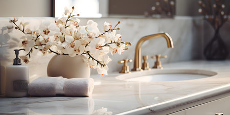 Luxurious bathroom with a pristine marble counter stylish amenities and elegant floral accents. Concept Luxury Bathroom, Marble Countertop, Stylish Amenities, Elegant Floral Accentsの素材