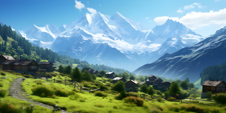 Serene Alpine village surrounded by mountains quaint homes and stunning vistas. Concept Mountain Village, Alpine Charm, Scenic Views, Quaint Homes, Serene Settingの素材