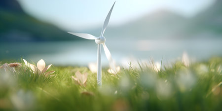 Renewable energy components integrated in serene natural setting depicted through D visualization. Concept Renewable Energy, Components, Natural Setting, 3D Visualization, Serene Environmentの素材