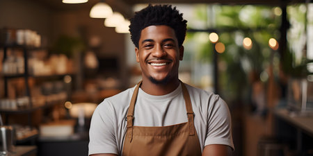 Proud African male barista happily poses in his coffee shop showcasing entrepreneurial spirit. Concept Entrepreneurial Success, African Business Owner, Proud Barista, Coffee Shop Portraitsの素材