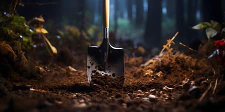 Hidden beneath the soil an ancient digging shovel unveils its history. Concept Archaeology, Excavation, Ancient Tools, Historical Discovery, Underground Artifactsの素材