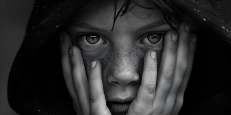 A young boy covering his face with his hands as a symbol of mental health. Concept Mental Health Awareness, Stigma, Emotions, Coping Strategies, Self-Careの素材