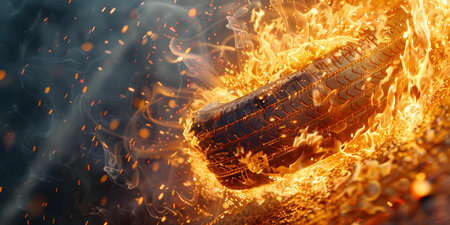 A closeup of a tire engulfed in flames creating a fiery whirlwind. Concept Fire Photography, Dramatic Closeup, Flaming Tire, Whirlwind Effect, Intense Colorsの素材
