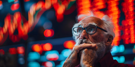 An elderly man stressed by market downturn reflecting on financial uncertainty. Concept Financial stress, Market downturn, Elderly man, Uncertainty, Reflectionの素材