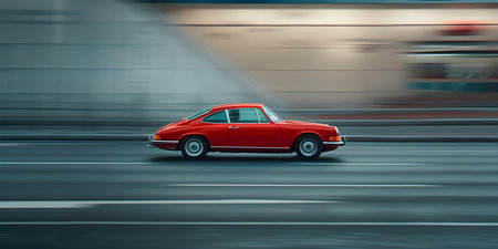A single red car zooms down a bustling highway amidst blurred motion. Concept Motion Blur, Red Car, Highway Traffic, Fast Speed, Transportationの素材