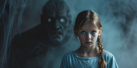 A young girl looks frightened as she encounters a mysterious monster. Concept Fear, Wilderness, Mystery, Encounter, Young Girlの素材