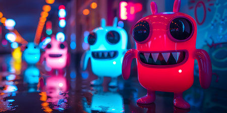 Colorful neon alien monsters smiling in a dark setting. Concept Monster Photoshoot, Neon Colors, Alien Theme, Smiling Monsters, Dark Settingの素材