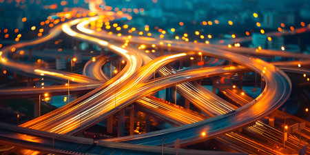 Complex highway interchange illuminated by streaks of vehicle lights resembles modern art. Concept Urban Architecture, Light Trails, Modern Art, Highway Interchange, Vehicle Movementの素材