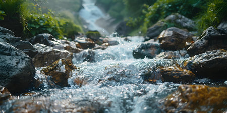 Capturing the swift motion of a flowing river on camera. Concept Riverscapes, Long Exposure, Nature Photography, Motion Blur, Flowing Waterの素材