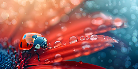 Closeup of ladybug on red flower petal with water drops blurred background. Concept Macro Photography, Nature Close-up, Ladybug on Flower, Water Droplets, Red Petal Backgroundの素材