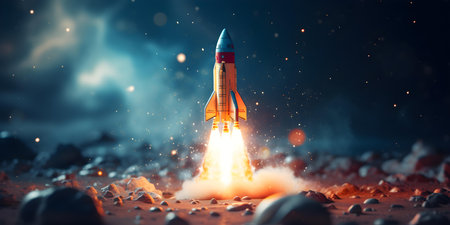 Advancement of Technology and Exploratory Spirit: Rocket Launch into Space. Concept Space Exploration, Technological Advances, Rocket Launch, Exploration Spirit, Outer Space Discoveryの素材