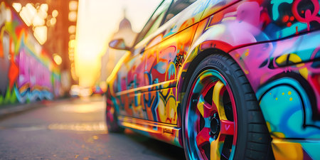 Detailed closeup of a car covered in vibrant urban graffiti artwork. Concept Urban Art, Graffiti, Detailed Closeup, Car Photographyの素材