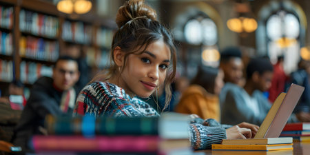 Diverse students at library table studying together with books and laptop. Concept Education, Diversity, Collaboration, Teamwork, Studyingの素材