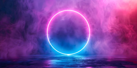 Glowing blue circle design with futuristic neon lights on dark background. Concept Abstract Art, Neon Lights, Futuristic Design, Illuminated Circle, Dark Backgroundの素材