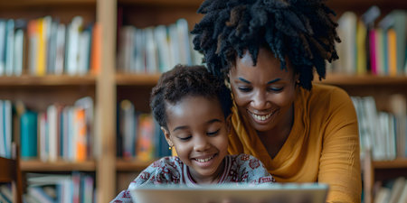 Mother and daughter happily engaged in online learning with the guidance of a teacher. Concept Online Learning, Mother Daughter Bonding, Teacher Guidance, E-Learning Sessionの素材
