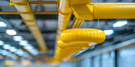 Overhead view of yellow pipes against bright ceiling in industrial setting. Concept Industrial Setting, Overhead View, Yellow Pipes, Bright Ceilingの素材