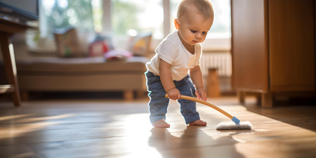 Mother cleans the kitchen floor as her adorable toddler looks on with curiosity. Concept Family, Household Chores, Motherhood, Parenting, Curiosityの素材
