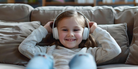 Happy child enjoying technology with headphones while using smartphone for entertainment. Concept Technology, Entertainment, Child, Happiness, Headphonesの素材