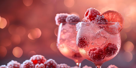 Two chic cocktail glasses with pink gin and tonic garnished with frozen berries. Concept Cocktail Photography, Pink Drink, Frozen Berries, Chic Glassware, Gin and Tonicの素材