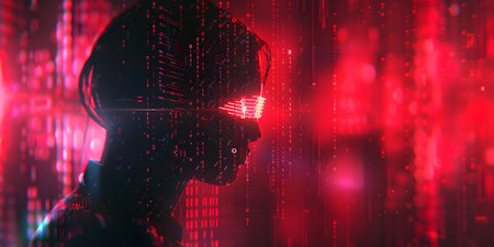 Diving into the digital realm with binary code on dark backdrop. Concept Digital Realm, Binary Code, Dark Backdrop, Technology, Cybersecurityの素材