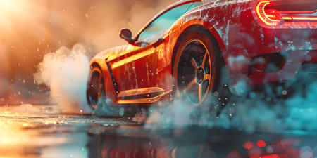 A sleek sports car expertly sliding around a tight corner kicking up smoke. Concept Sports Car, Drifting, Speed, Smoke, Powerの素材