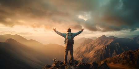 Celebrating Victory on Mountain Summit in Majestic Nature Scene. Concept Achievement, Victory, Nature, Summit, Celebrationの素材