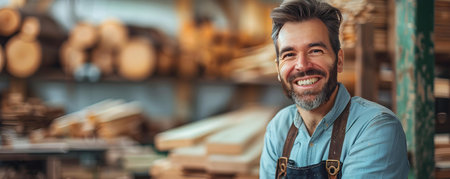 A Happy Carpenter Working in a Woodworking Shop with a Content Smile. Concept Woodworking, Carpentry, Workshop, Craftsman, Content Smileの素材