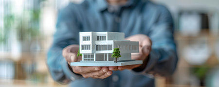 A professional man presenting a miniature office building model Creative real estate concept. Concept Real Estate, Business, Professional, Office Building, Creative Conceptの素材