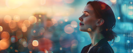 A successful woman enhances her leadership skills through meditation and finds peace. Concept Leadership, Meditation, Success, Peace, Empowermentの素材