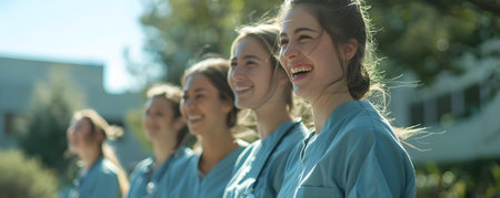 A group of female medical students in scrubs on a hospital campus. Concept Medical Students, Female Empowerment, Hospital Campus, Scrubs Fashion, Diversity in Medicineの素材