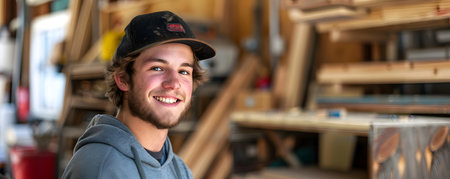 A young cheerful carpenter poses confidently in a woodworking workshop setting. Concept Joyful Portraits, Playful Poses, Woodworking, Carpentry, Workshopの素材