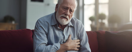An elderly man seated on a sofa at home feels chest pain. Concept Medical emergency, Chest pain, Elderly care, Home safety, Urgent assistanceの素材