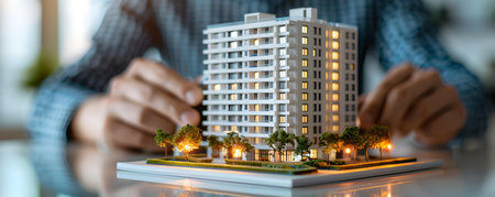 Professional displaying building model on desk Real estate project presentation concept. Concept Real estate project presentation, Building model display, Professional desk setupの素材